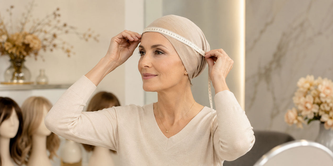 Femme mesurant son tour de tête avec un mètre ruban pour choisir la bonne taille de perruque médicale.